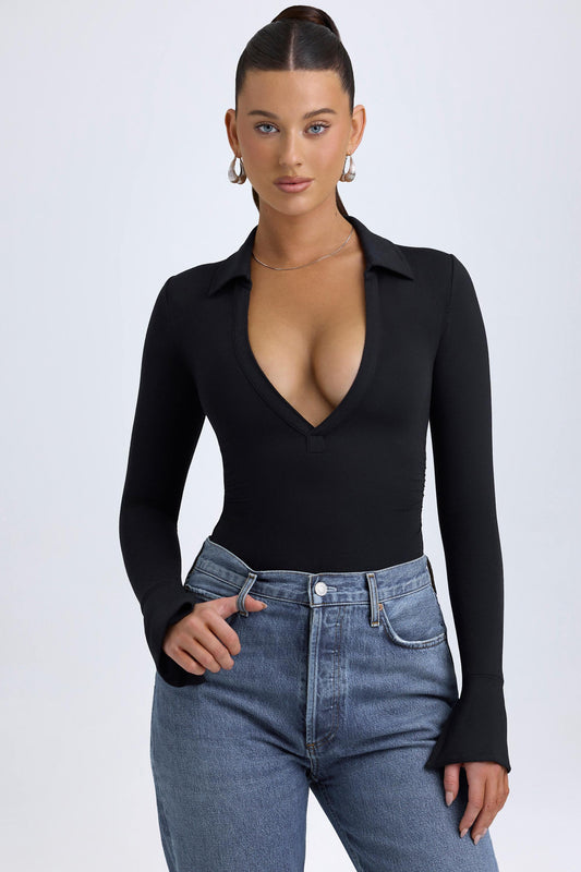 Modal Plunge V-Neck Bodysuit in Black