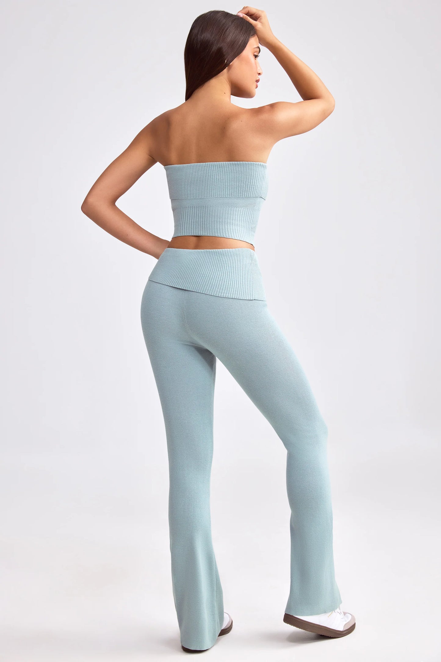 Fold Over Kick Flare Chunky Knit Trousers in Dusty Teal