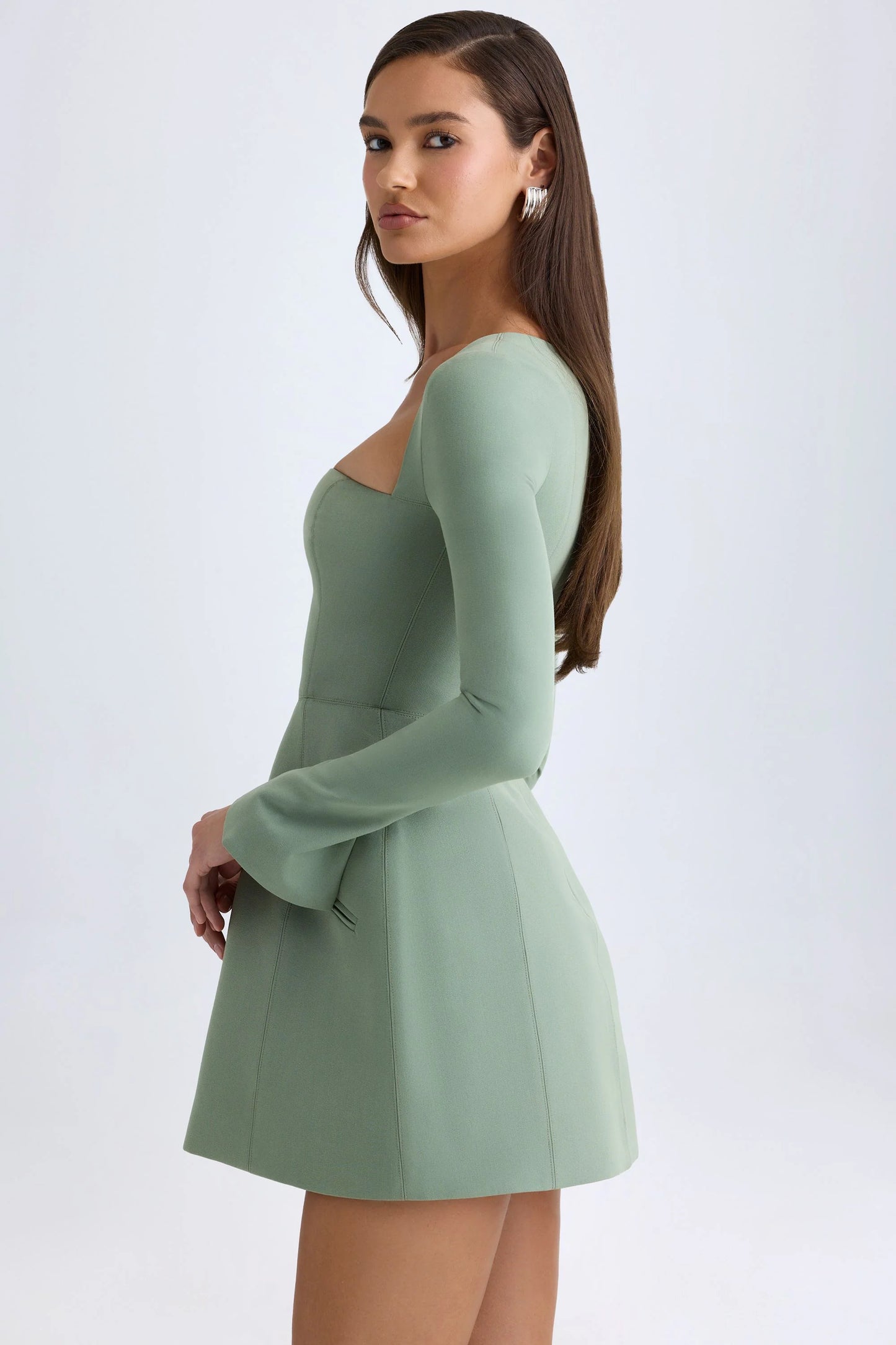 Square-Neck Structured Tulip Mini Dress in Khaki Green