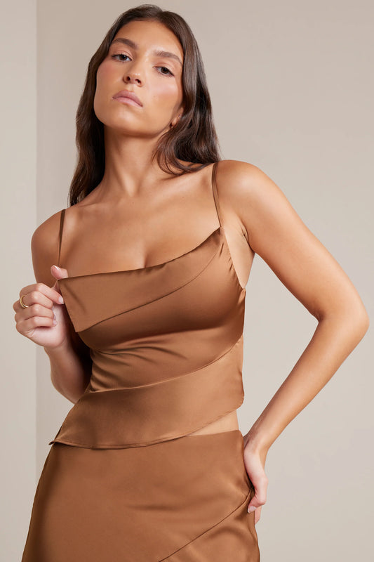 Bias Cut Satin Cowl Neck Crop Top in Mocha