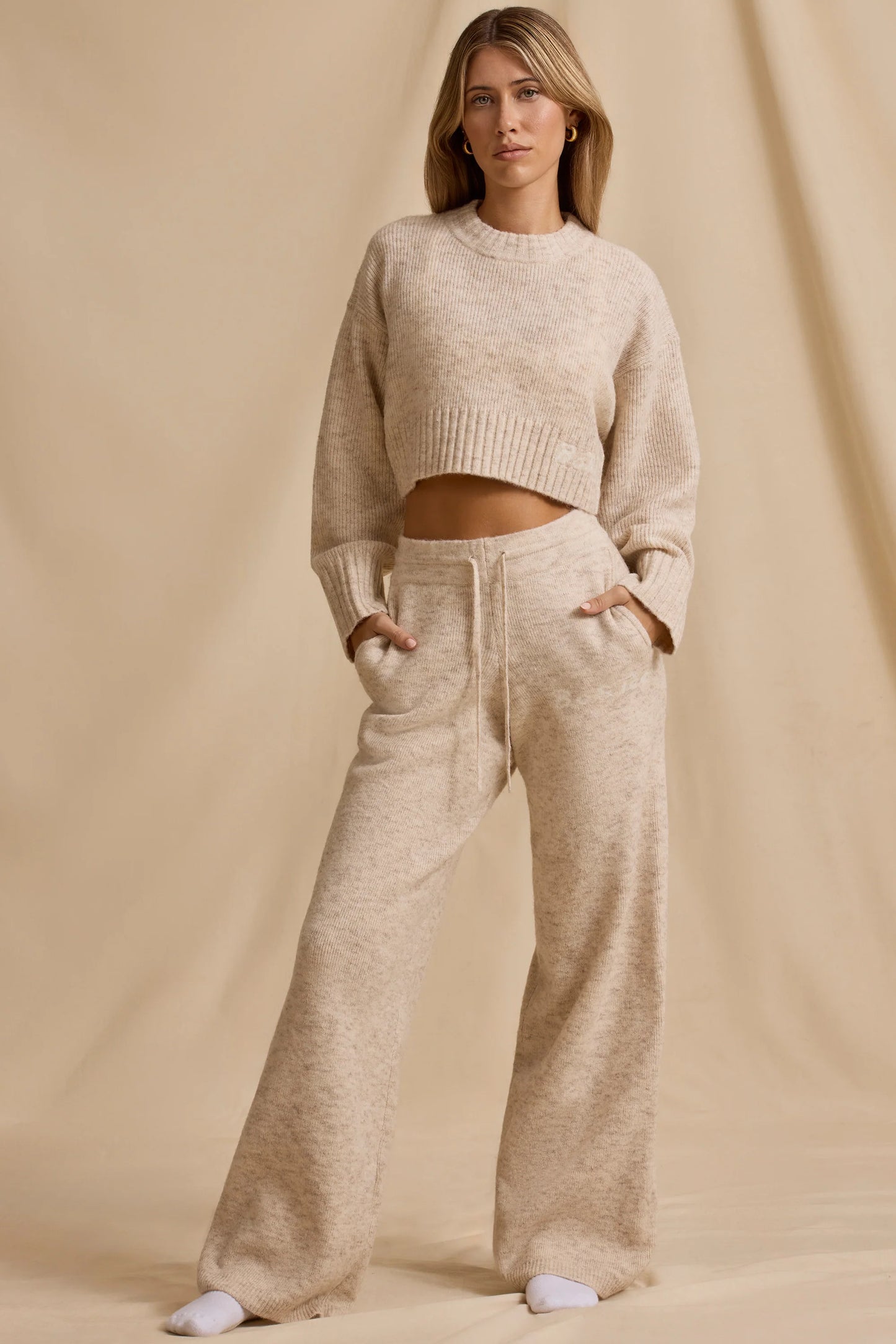 Tall Mid-Rise Wide-Leg Joggers in Cream Marl