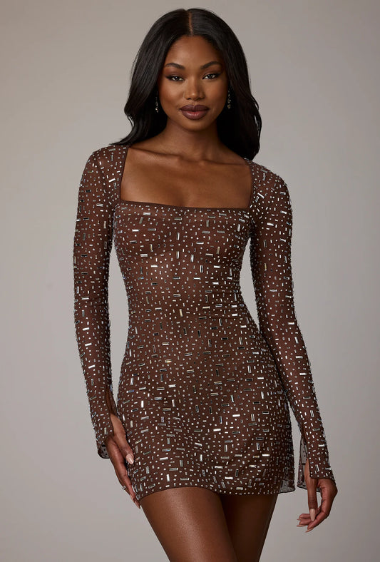 Sheer Embellished Long Sleeve A-Line Mini Dress in Deep Cocoa