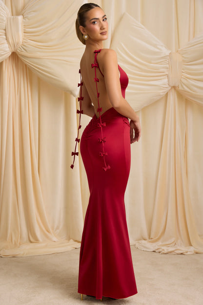 Bow-Detail Draped Open-Back Gown in True Red