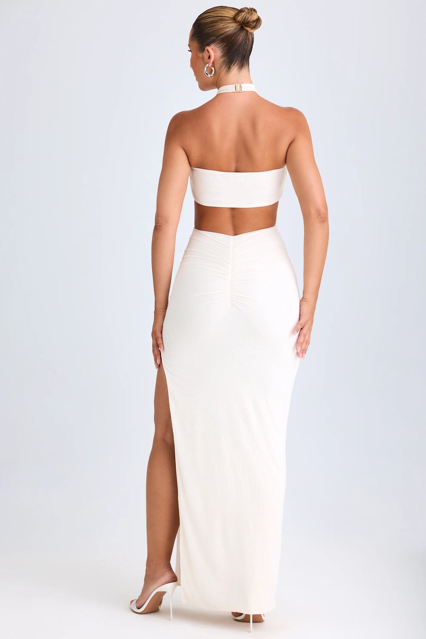 Cut-Out Ruched Halterneck Maxi Dress in White