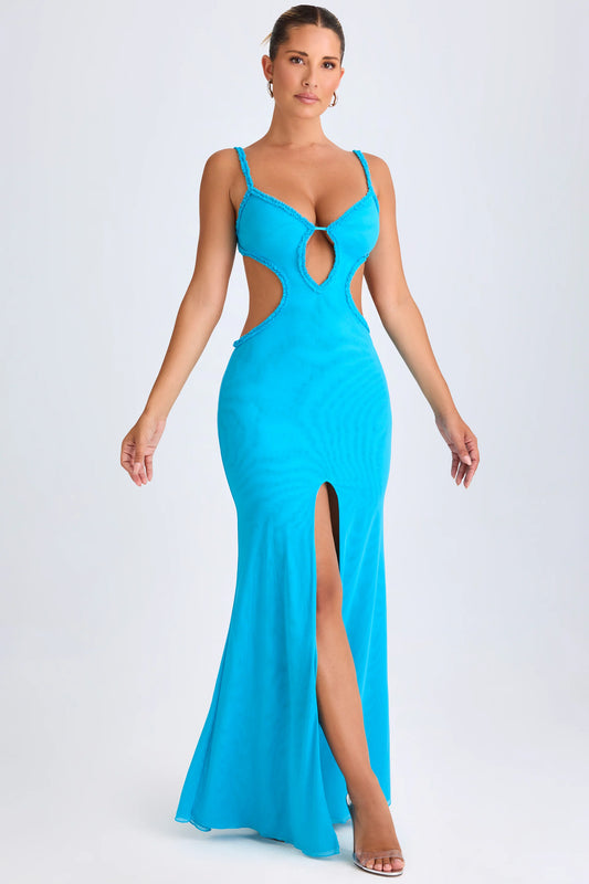 Ruffle-Appliqué Cut-Out Maxi Dress in Aqua Blue