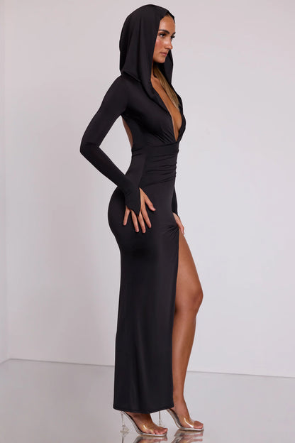 Hooded Long Sleeve Maxi Dress in Black