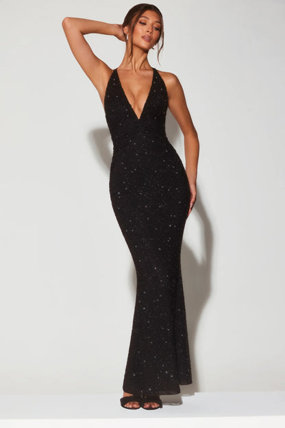 Embellished Plunge Halter Neck Evening Gown in Black