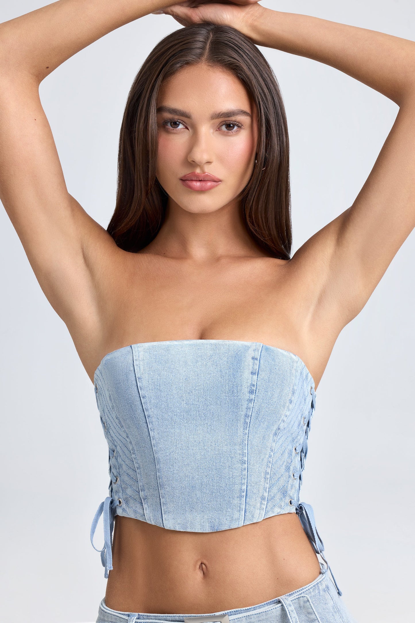 Bandeau Lace-Up Corset Crop Top in Light Blue Stonewash