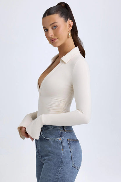 Modal Plunge V-Neck Bodysuit in Ivory