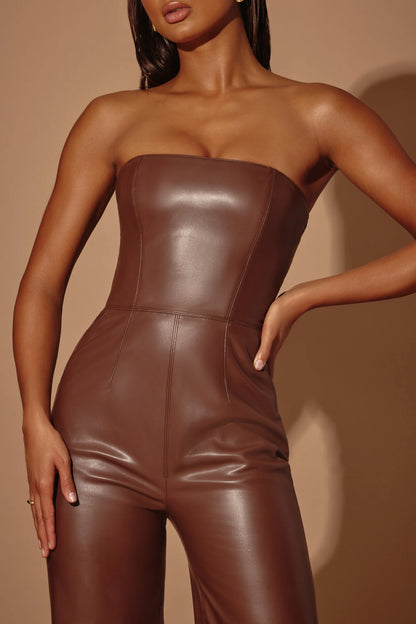 Strapless Wide Leg Vegan Leather Jumpsuit in Brown