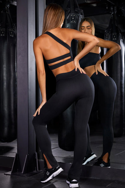 Petite High Waist Split Flare Ribbed Leggings in Black