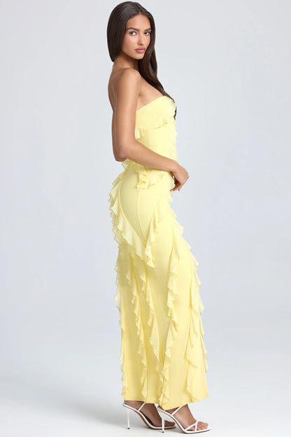 Bandeau Ruffle-Trim Maxi Dress in Lemon Sherbet