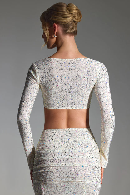 Embellished Long-Sleeve Crop Top in White