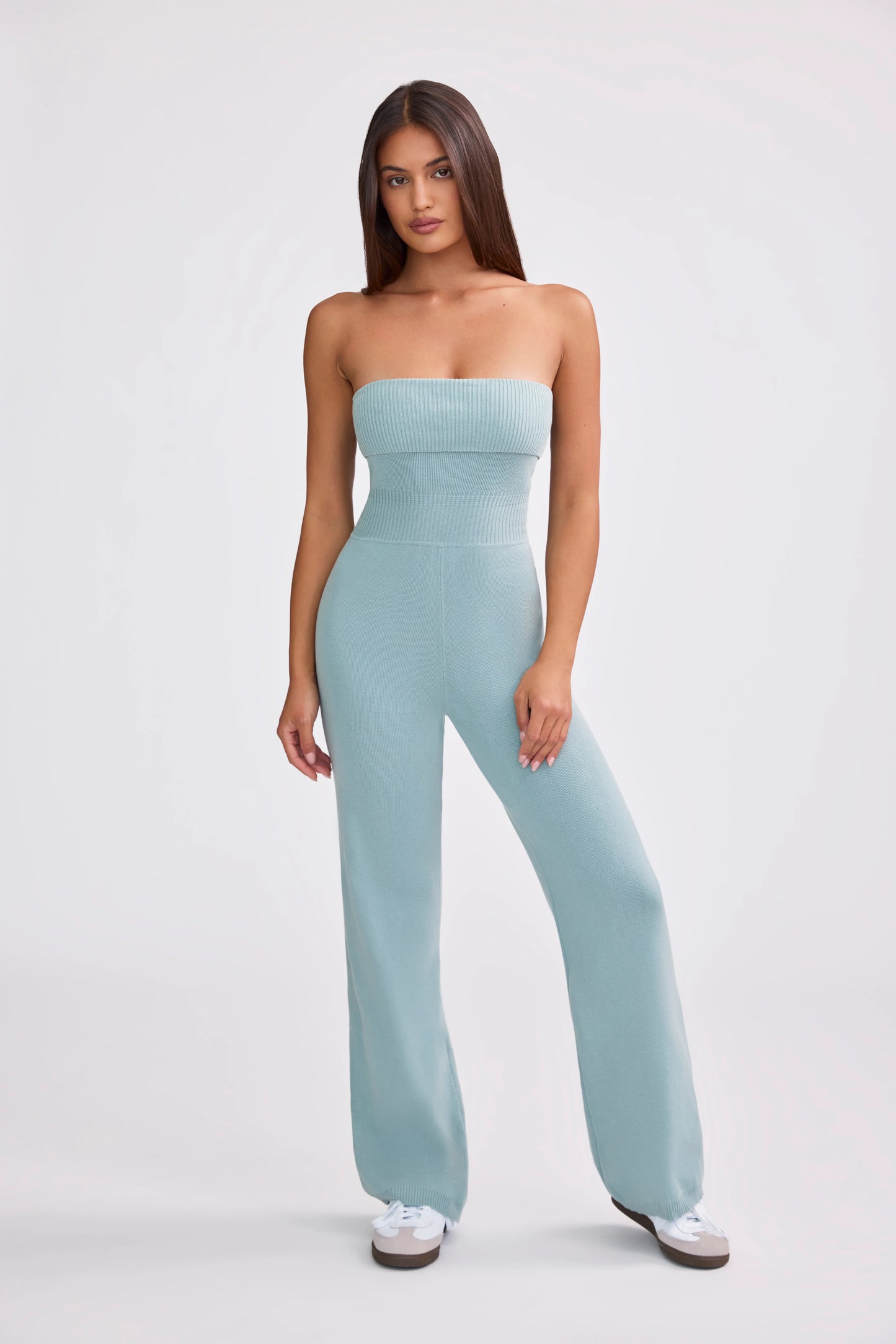 Bandeau Kick Flare Chunky Knit Jumpsuit in Dusty Teal