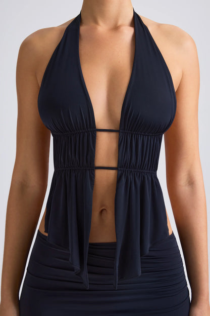 Cut-Out Ruched Halterneck Crop Top in Black