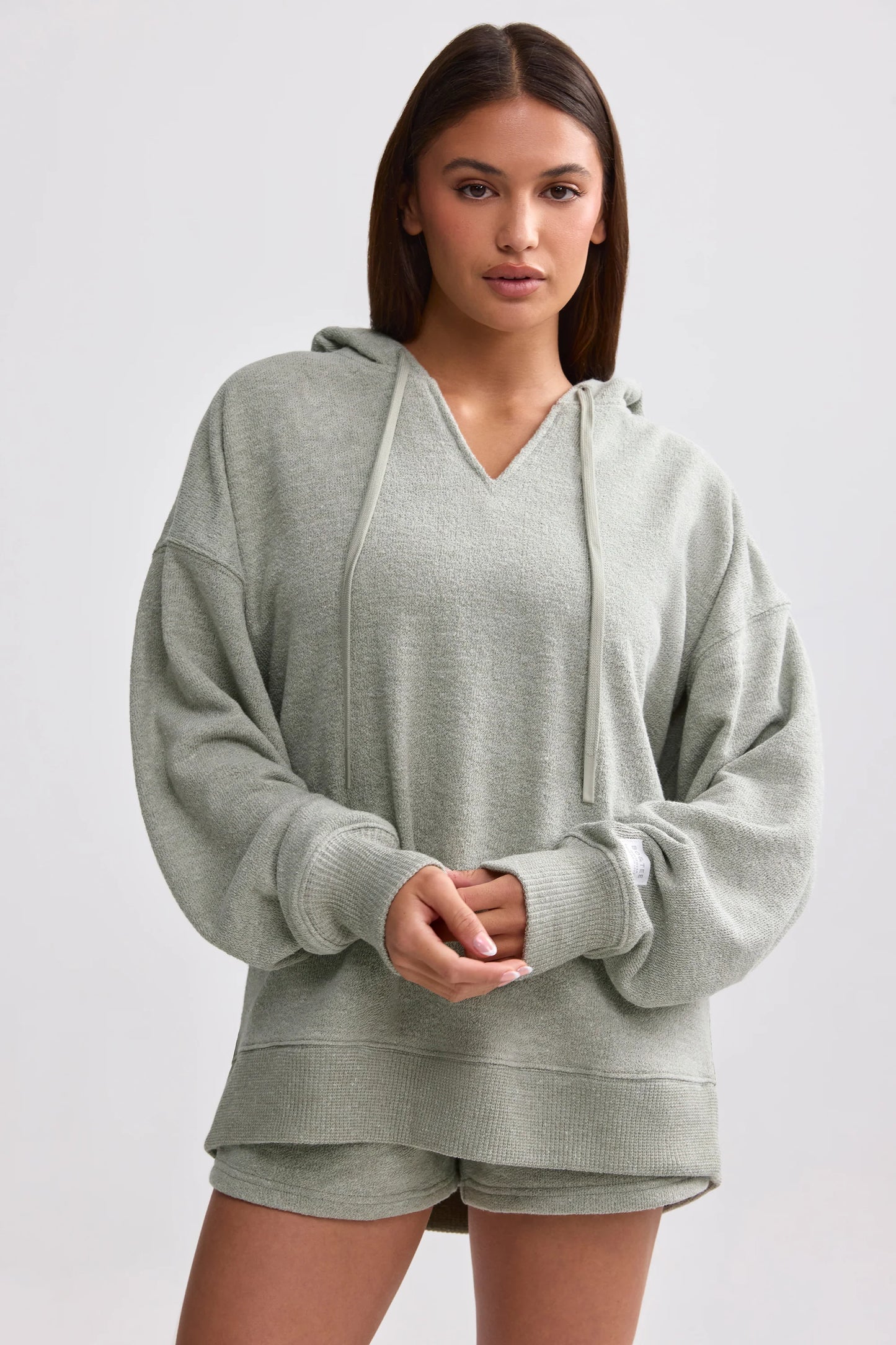 Terry Towelling V-Neck Hoodie in Sage Grey