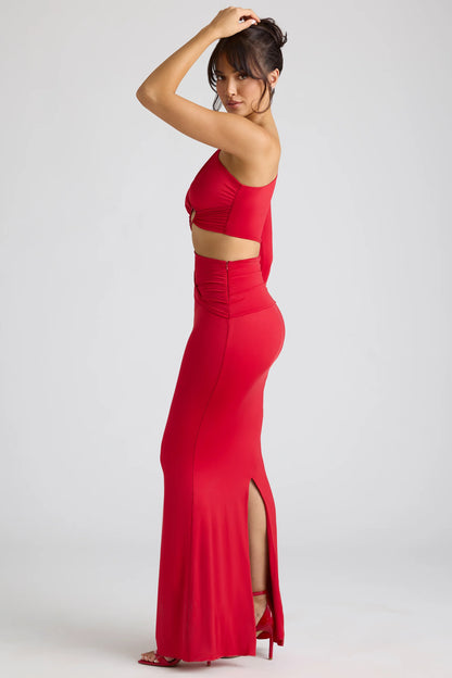 Single Sleeve Cut Out Evening Gown in Fire Red