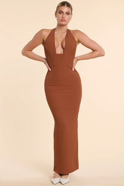 Woven Twill Halter Neck Plunge Maxi Dress in Chestnut Brown