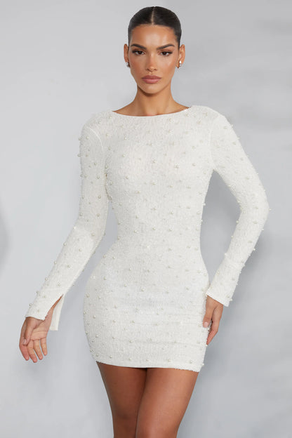 Long Sleeve Embellished Backless Mini Dress in Ivory