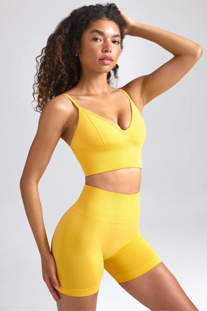 Define Luxe V-Neck Sports Bra in Golden Yellow