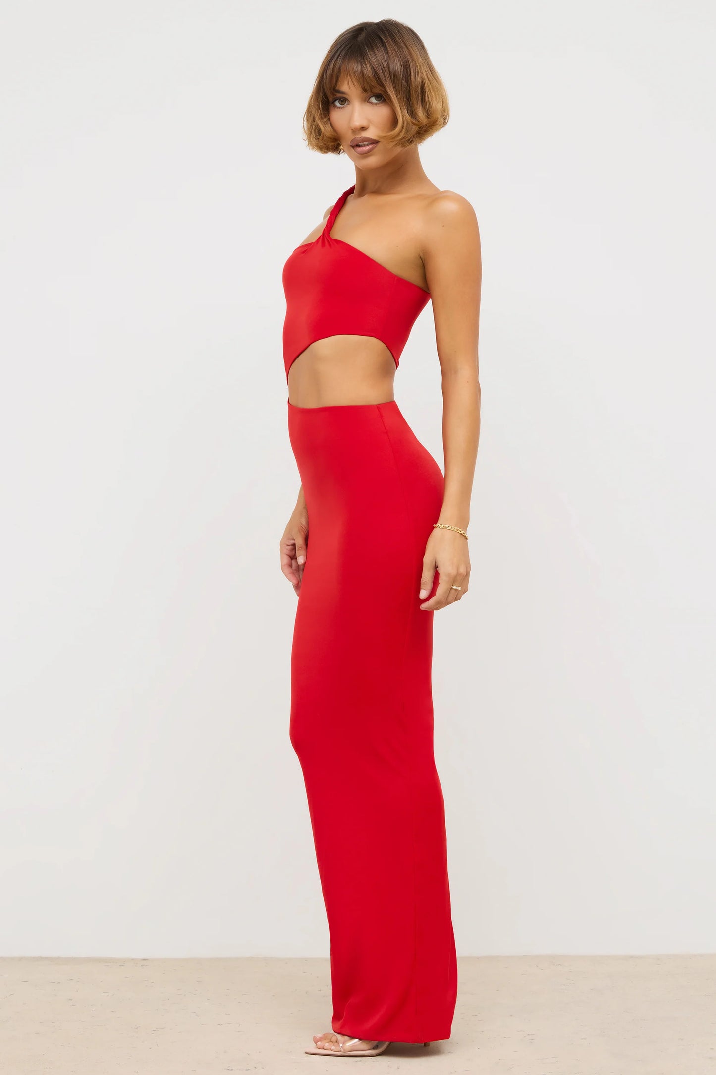 Premium Jersey Asymmetric Cut Out Maxi Dress  in Scarlet Red