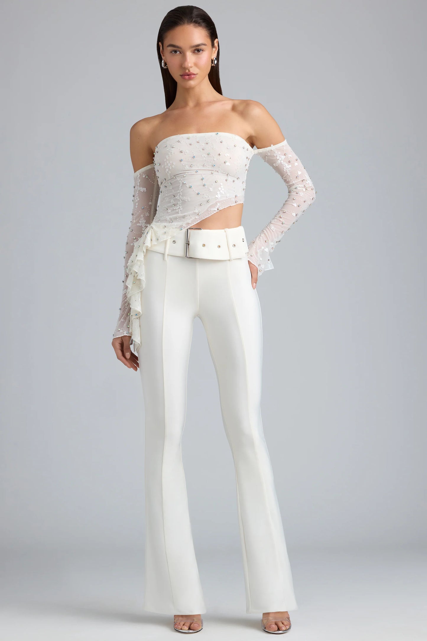 Metallic Belted Mid-Rise Flared Trousers in Ivory