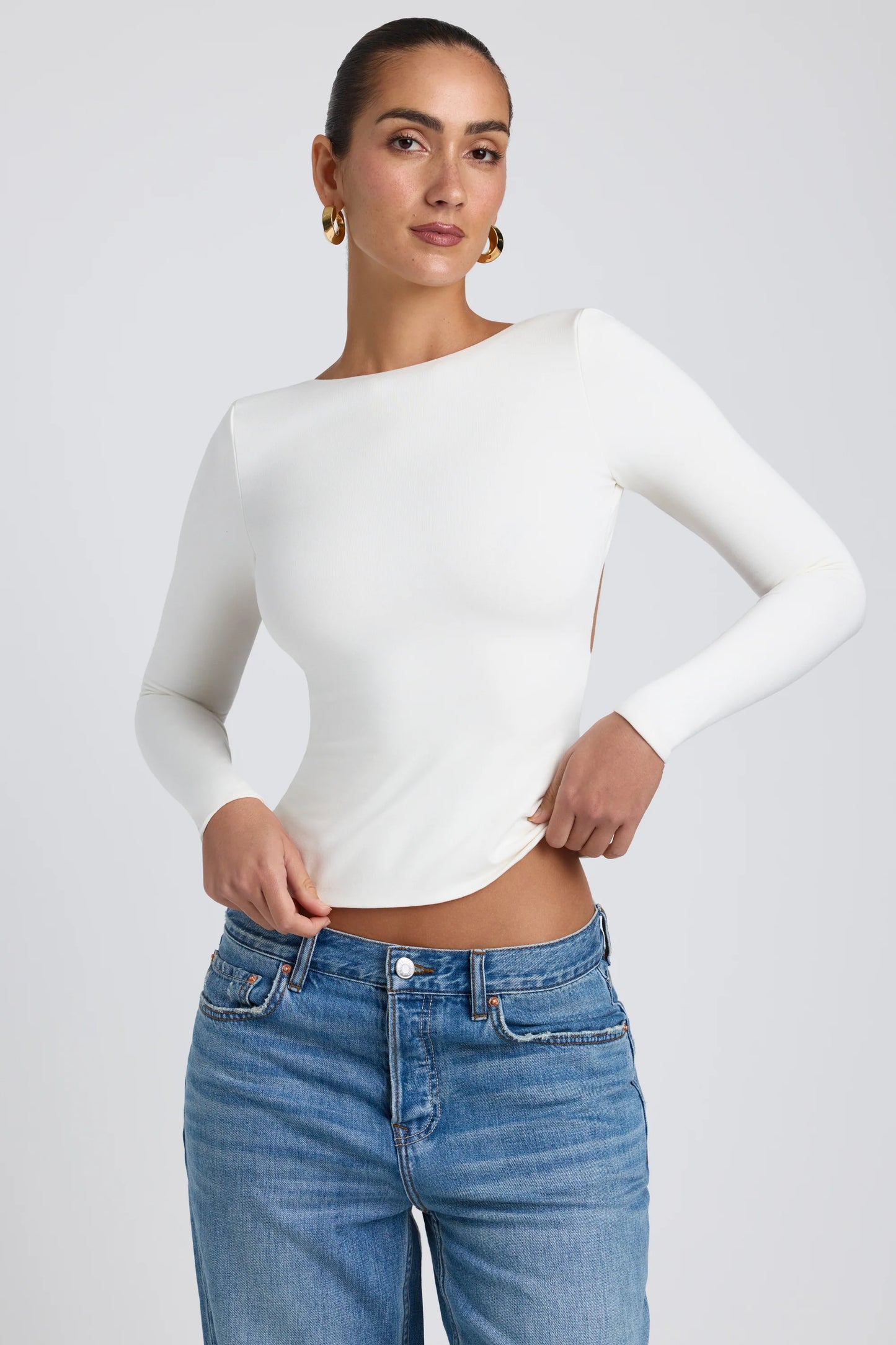 Modal High Neck Long Sleeve Open Back Top in White