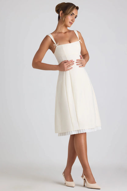 Bow-Detail Pleated A-Line Midi Dress in Ivory