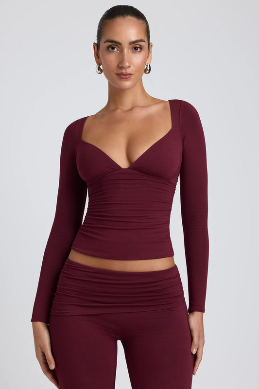 Modal Ruched Long-Sleeve Top in Plum