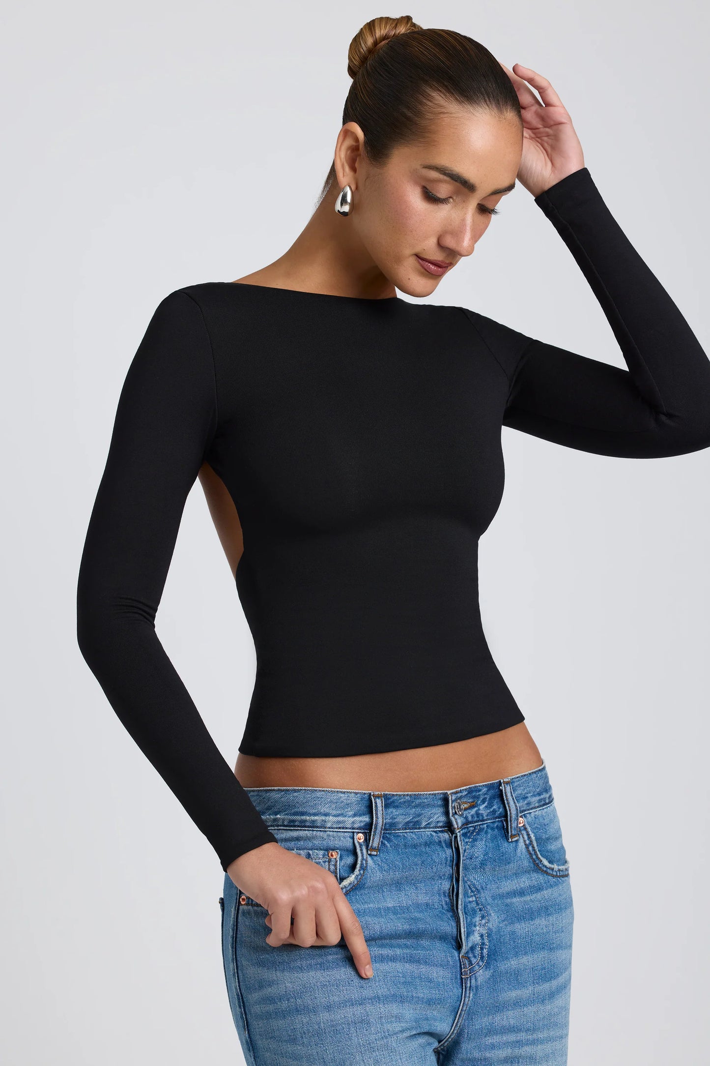 Modal High Neck Long Sleeve Open Back Top in Black