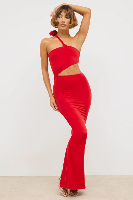 Premium Jersey Asymmetric Cut Out Maxi Dress  in Scarlet Red