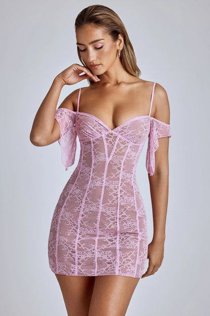 Sheer Lace A-Line Mini Dress in Baby Pink