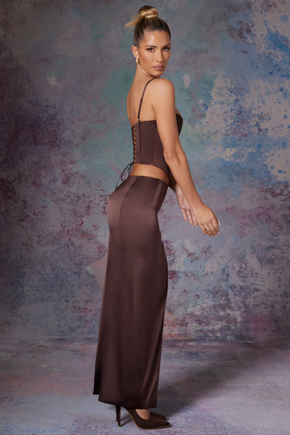 Side Split Satin Maxi Skirt in Brown