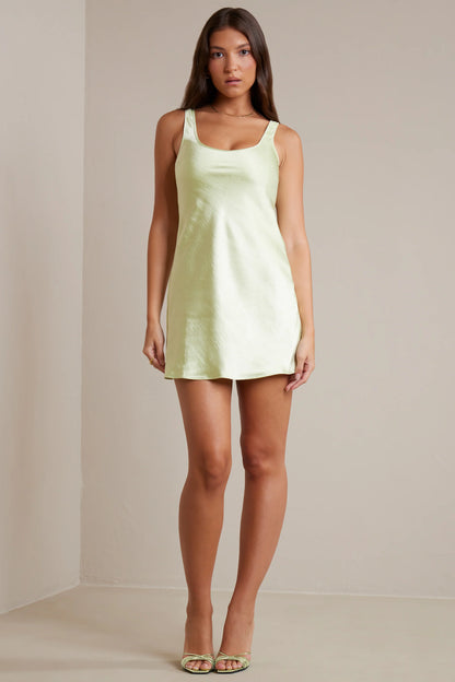 Bias Cut Satin A-Line Mini Dress in Lime