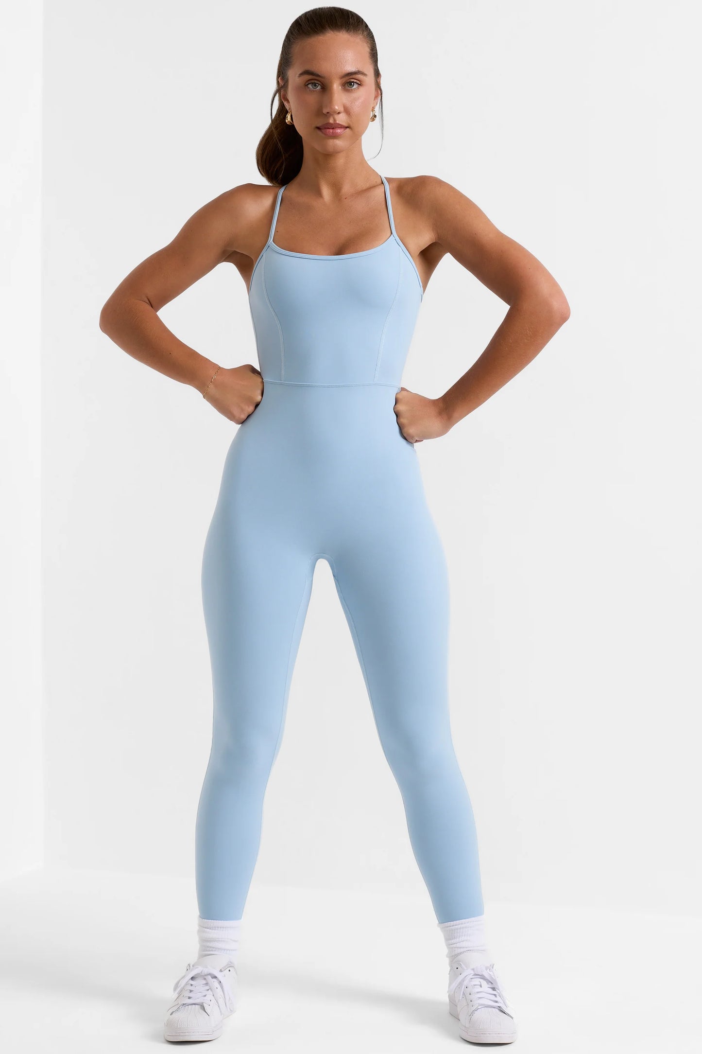 Petite Open Back Full Length Unitard in Ice Blue