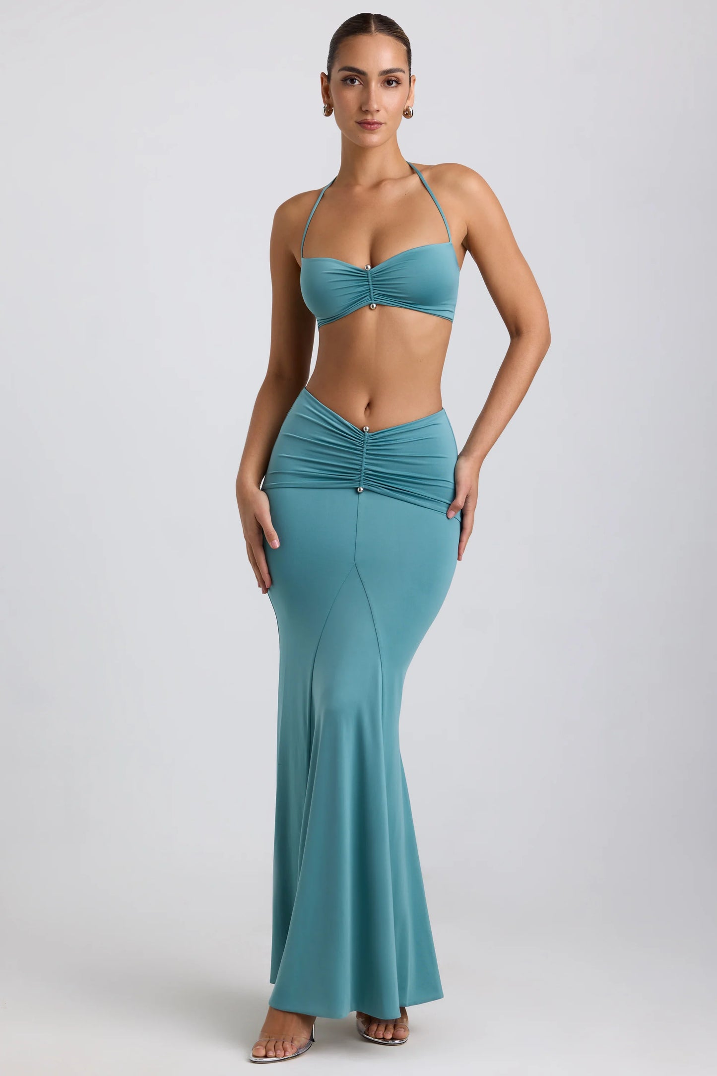 Slinky Jersey Hardware Detail Maxi Skirt in Sea Green