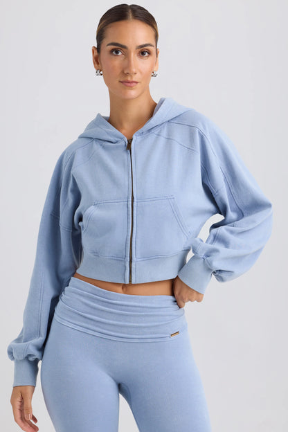 Zip-Up Cropped Hoodie in Washed Blue