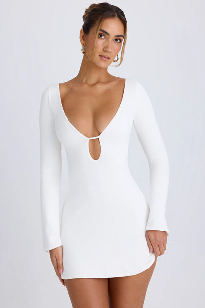 Cut-Out Long-Sleeve Mini Dress in White