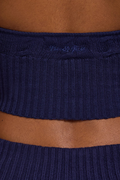 Cable-Knit Halterneck Crop Top in Navy