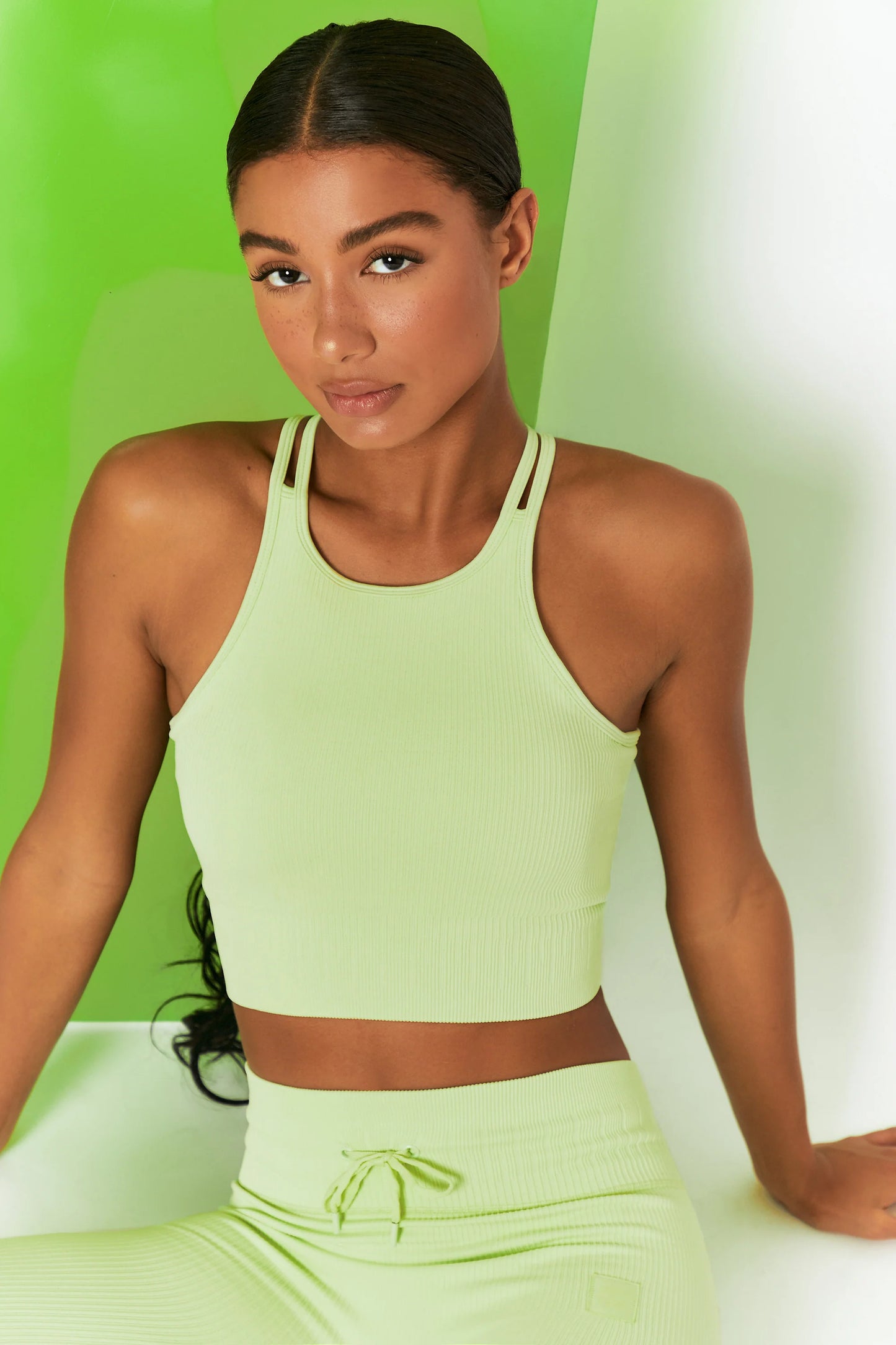 Feel Your Power Ribbed Racer Crop Top in Lime