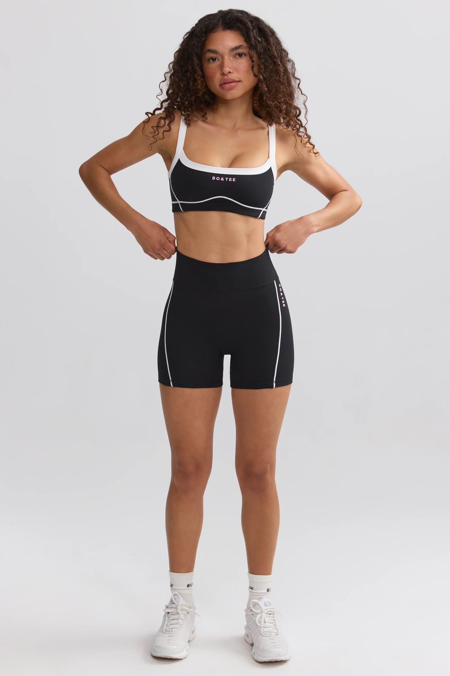 Soft Active Contrast-Trim Mini Shorts in Black