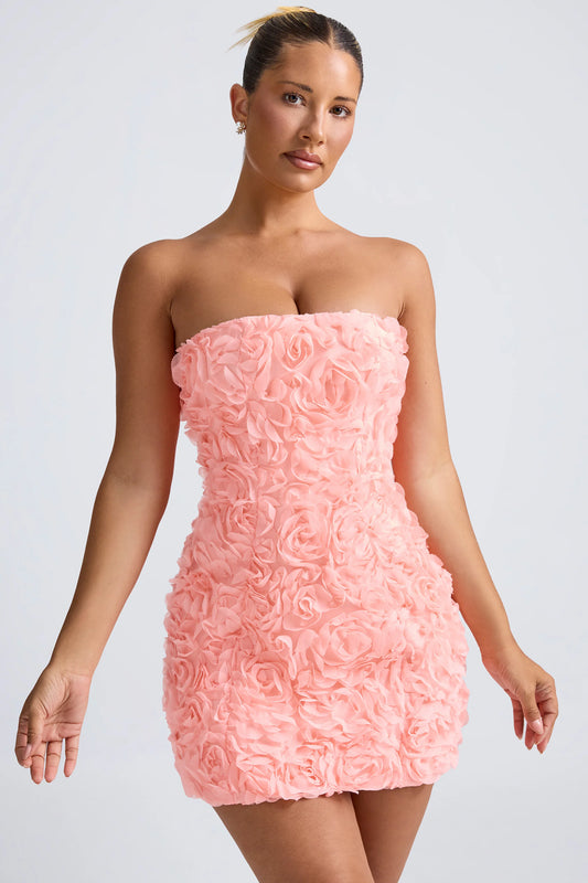 Floral-Appliqué Bandeau A-Line Mini Dress in Coral