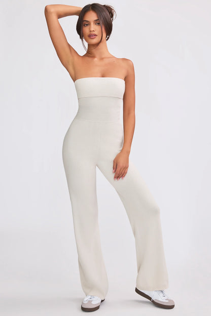 Bandeau Kick Flare Chunky Knit Jumpsuit in Cream