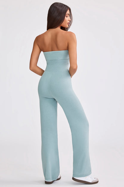 Bandeau Kick Flare Chunky Knit Jumpsuit in Dusty Teal