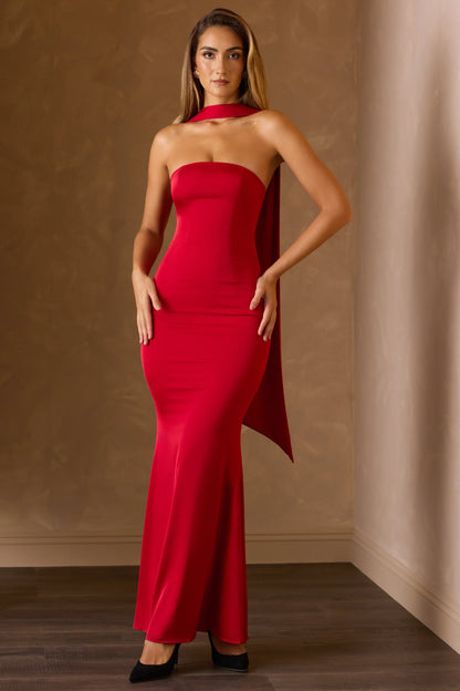 Scarf-Detail Strapless Gown in Scarlet Red