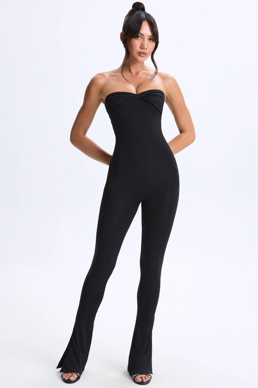 Petite Twist-Front Split Hem Flared Jumpsuit in Black