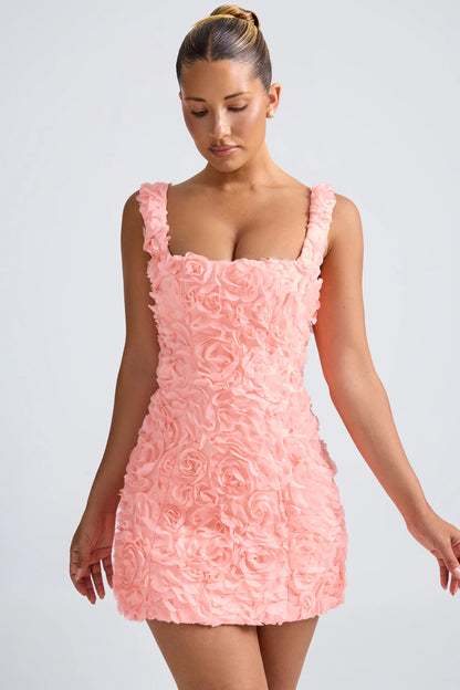 Floral-Appliqué Corset Mini Dress in Coral