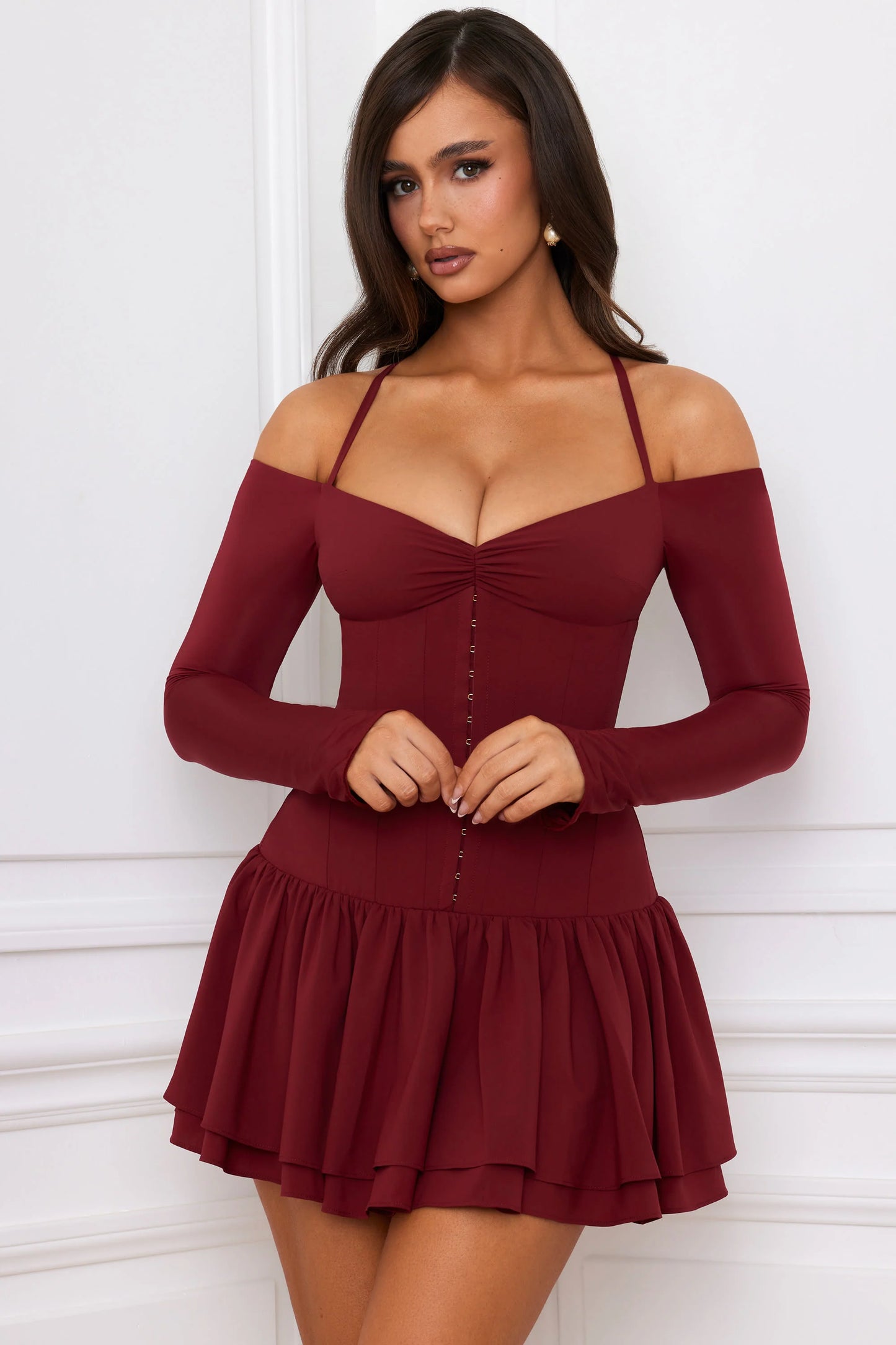 Off-Shoulder Tiered Corset Mini Dress in Berry Red