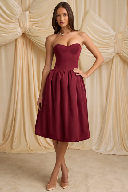 Convertible Bow-Detail Bubble Hem Midaxi Dress in Wine Red