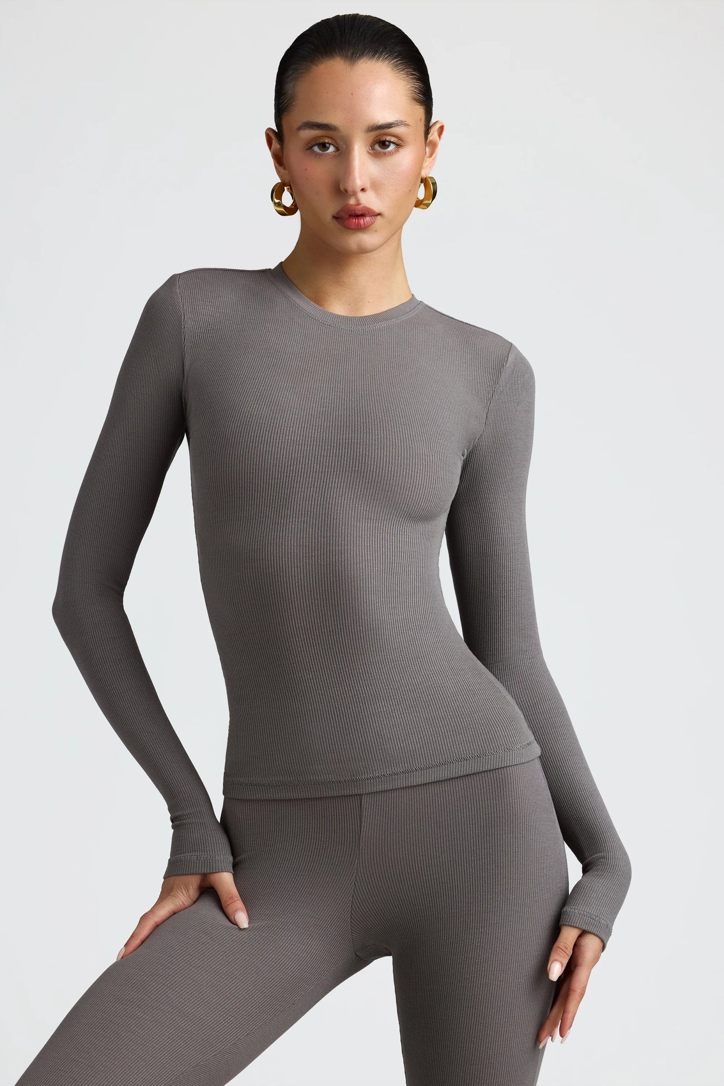 Ribbed Modal Crew Neck Top in Grey